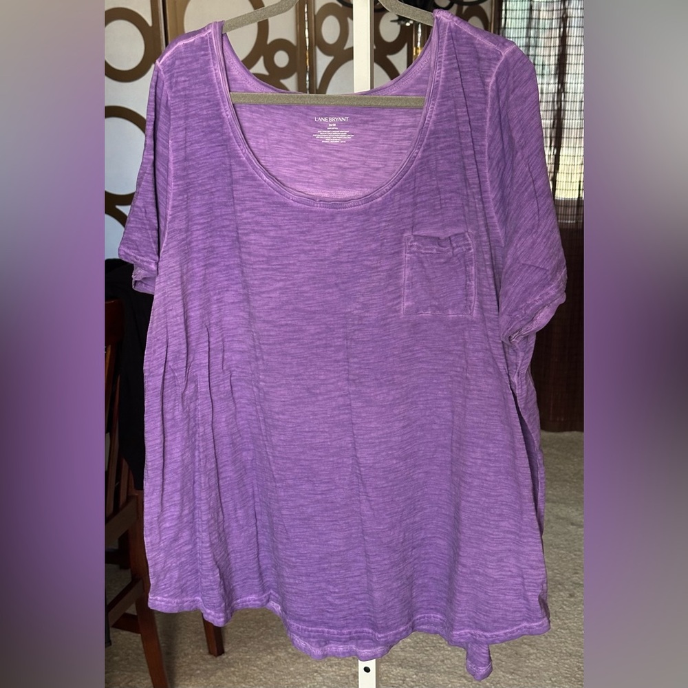 Lane Bryant Purple Slub Cotton Tee 26/28W Scoop Neck Pocket Top NWOT